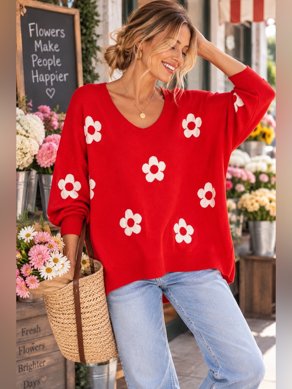 Colour Eighteen Red Daisy Floral Oversized Sweater Large Whimsical Cottagecore